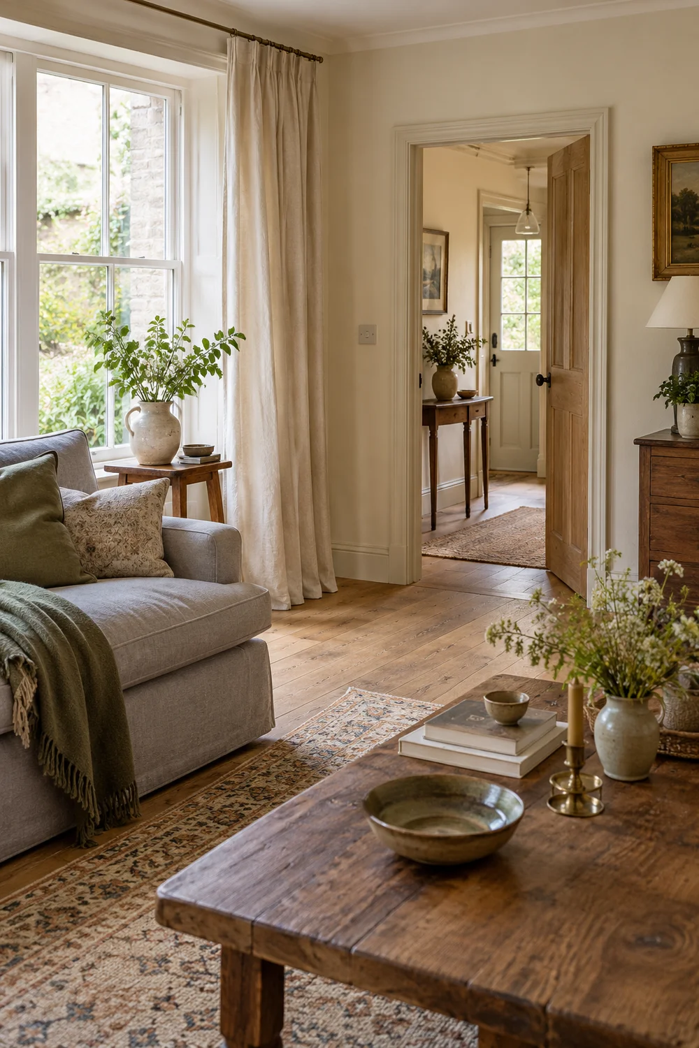 Cream curtains beside a cottage window and an open room doorway