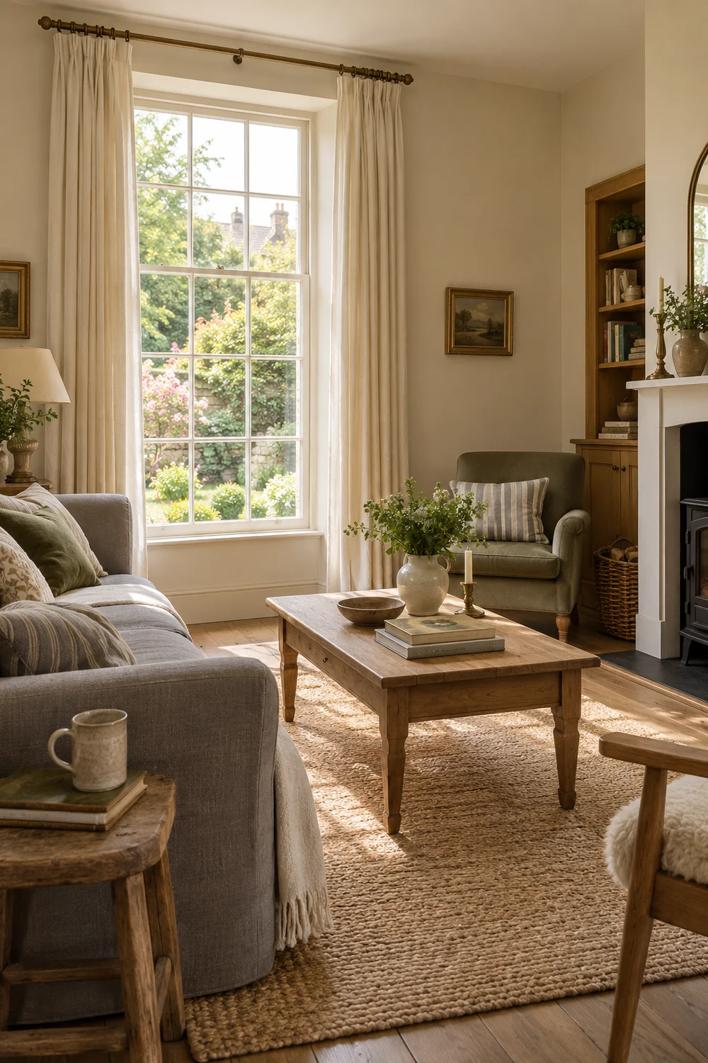 Cream curtains framing a garden window above a cottage floor