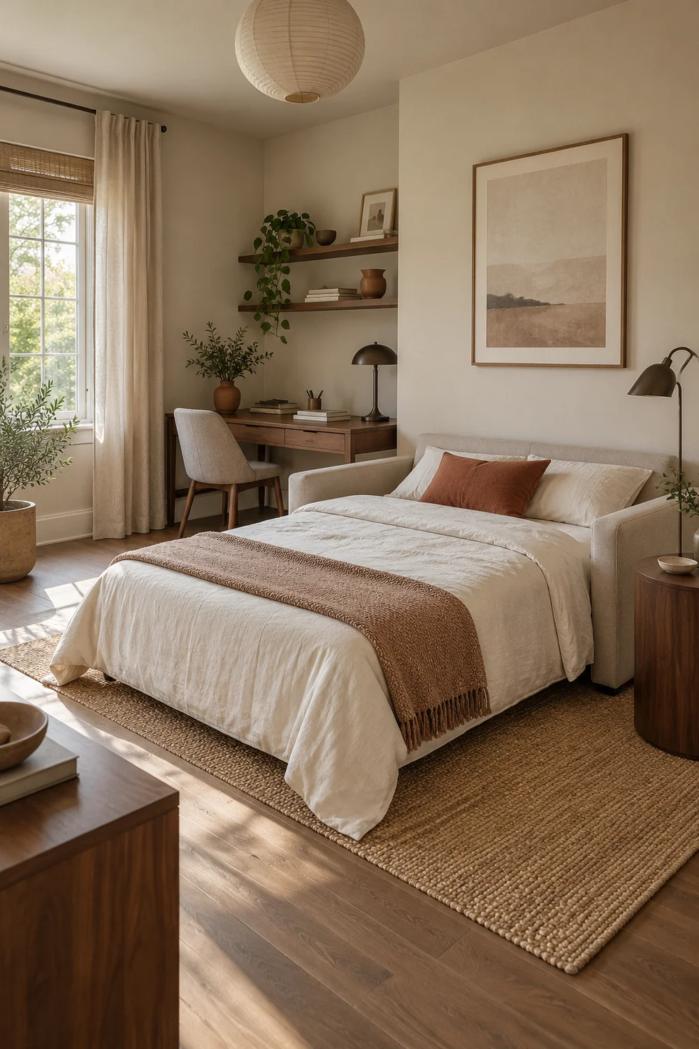 Cream guest bed with a clay throw beside a walnut work area and clear entry floor