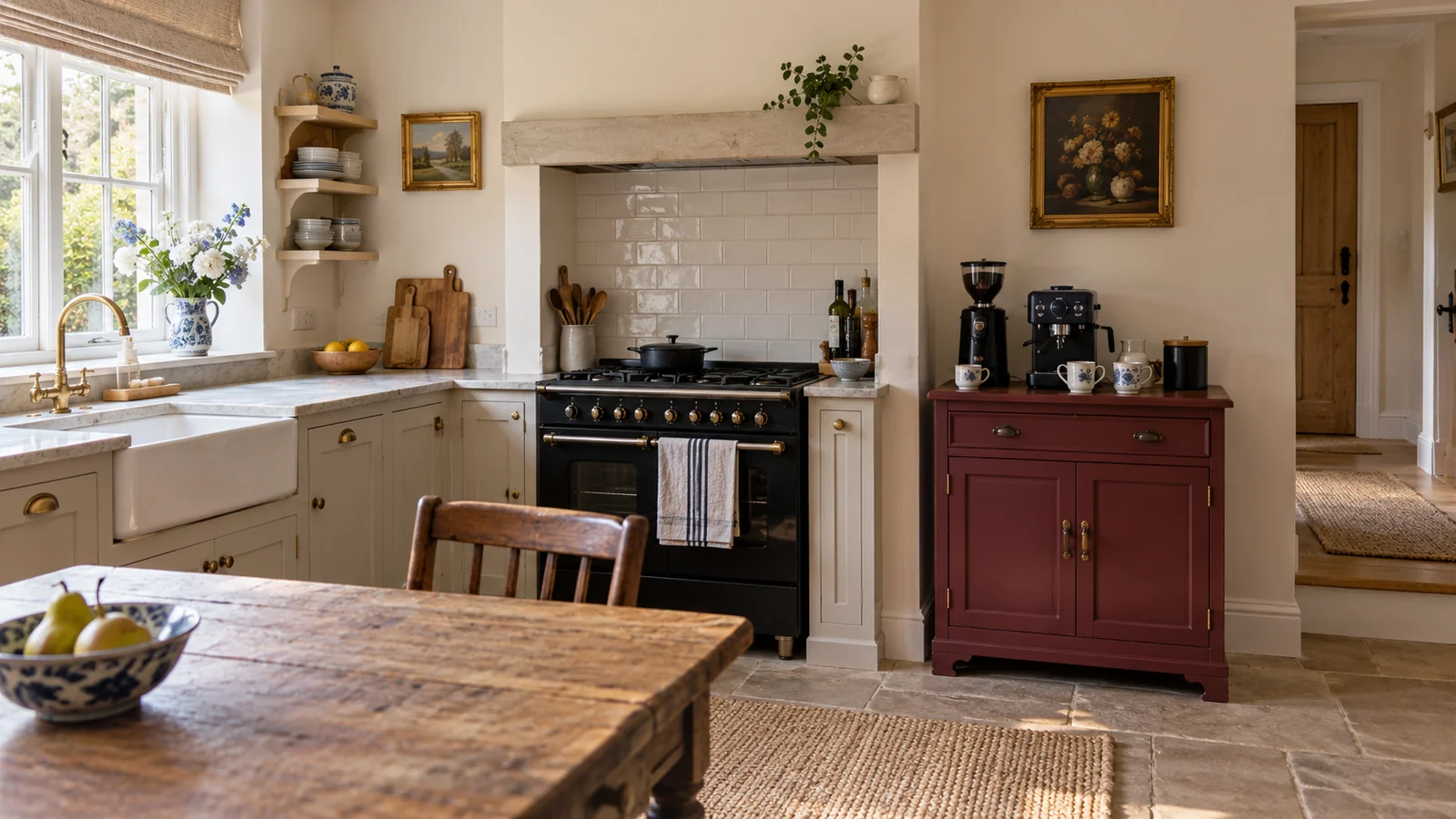 Cream kitchen with a burgundy coffee cabinet beside a black range and clear counter