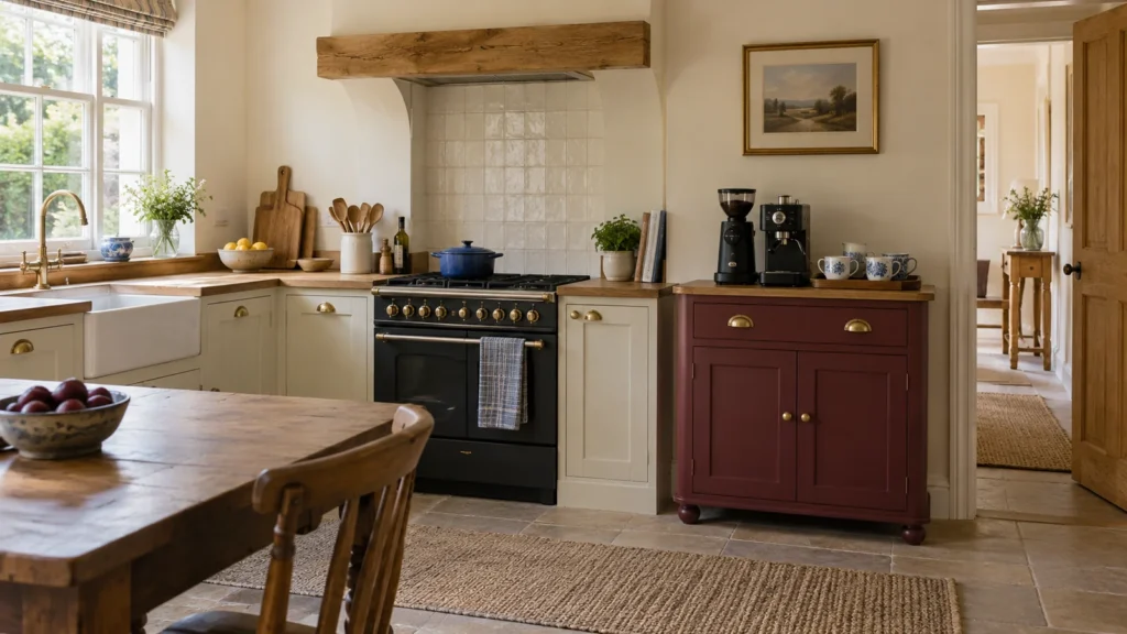 Cream kitchen with a burgundy coffee cupboard and black equipment beside a range cooker