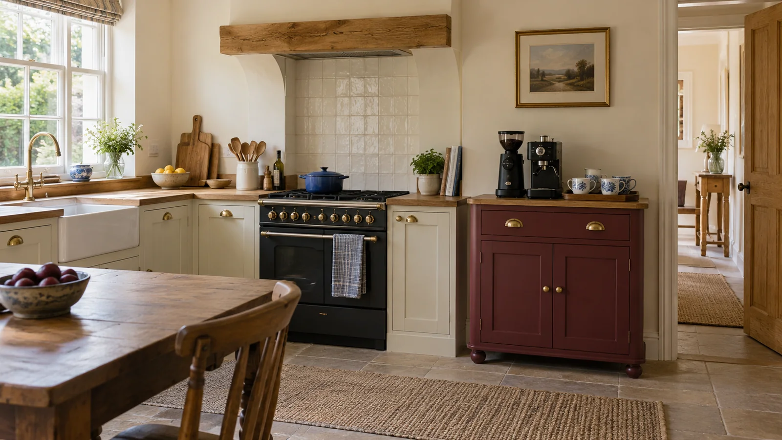 Cream kitchen with a burgundy coffee cupboard and black equipment beside a range cooker