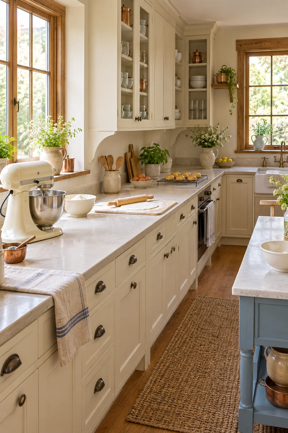 Cream mixer shaping board and cooling rack along one ivory kitchen counter