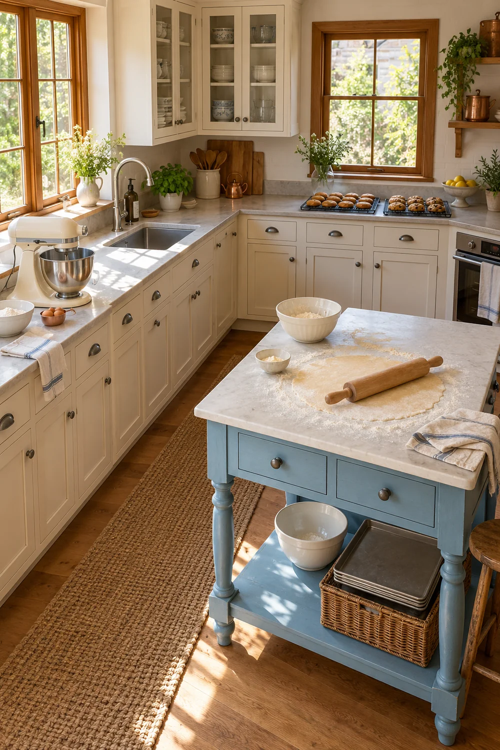 Cream mixer shaping table and separate cooling racks in a French country kitchen