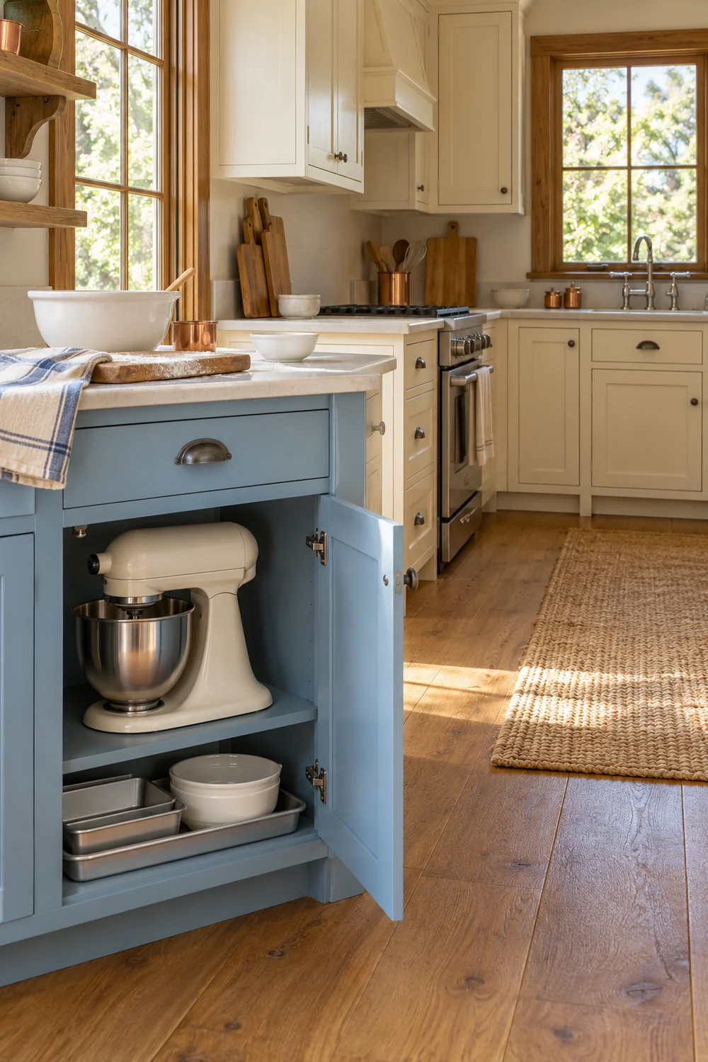 Cream mixer stored upright inside an open blue kitchen cupboard