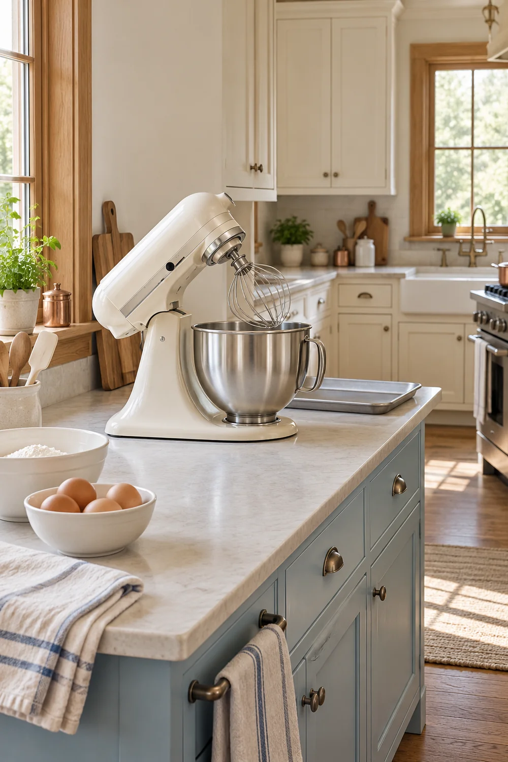 Cream mixer with its head raised above a stainless bowl on a blue cabinet