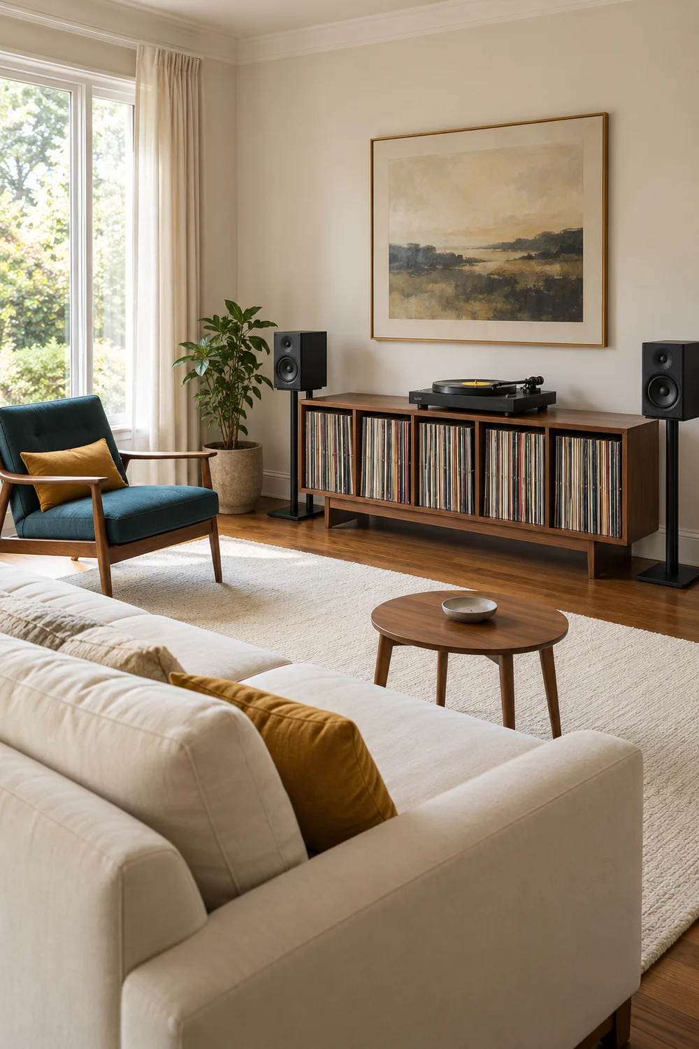 Cream sofa and petrol chair arranged around a clear walnut record wall