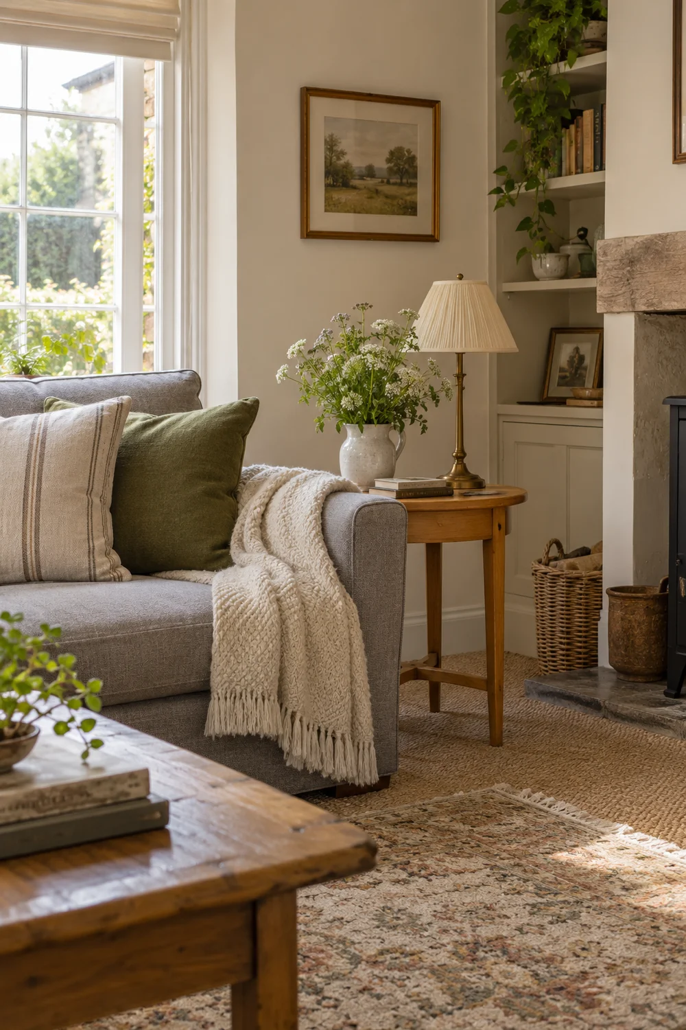 Cream textile beside grey upholstery and a honey oak side table