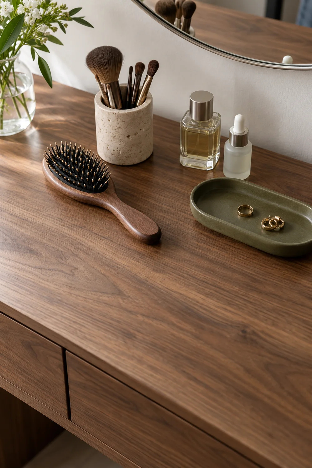 Daily getting ready objects grouped on a modest walnut vanity