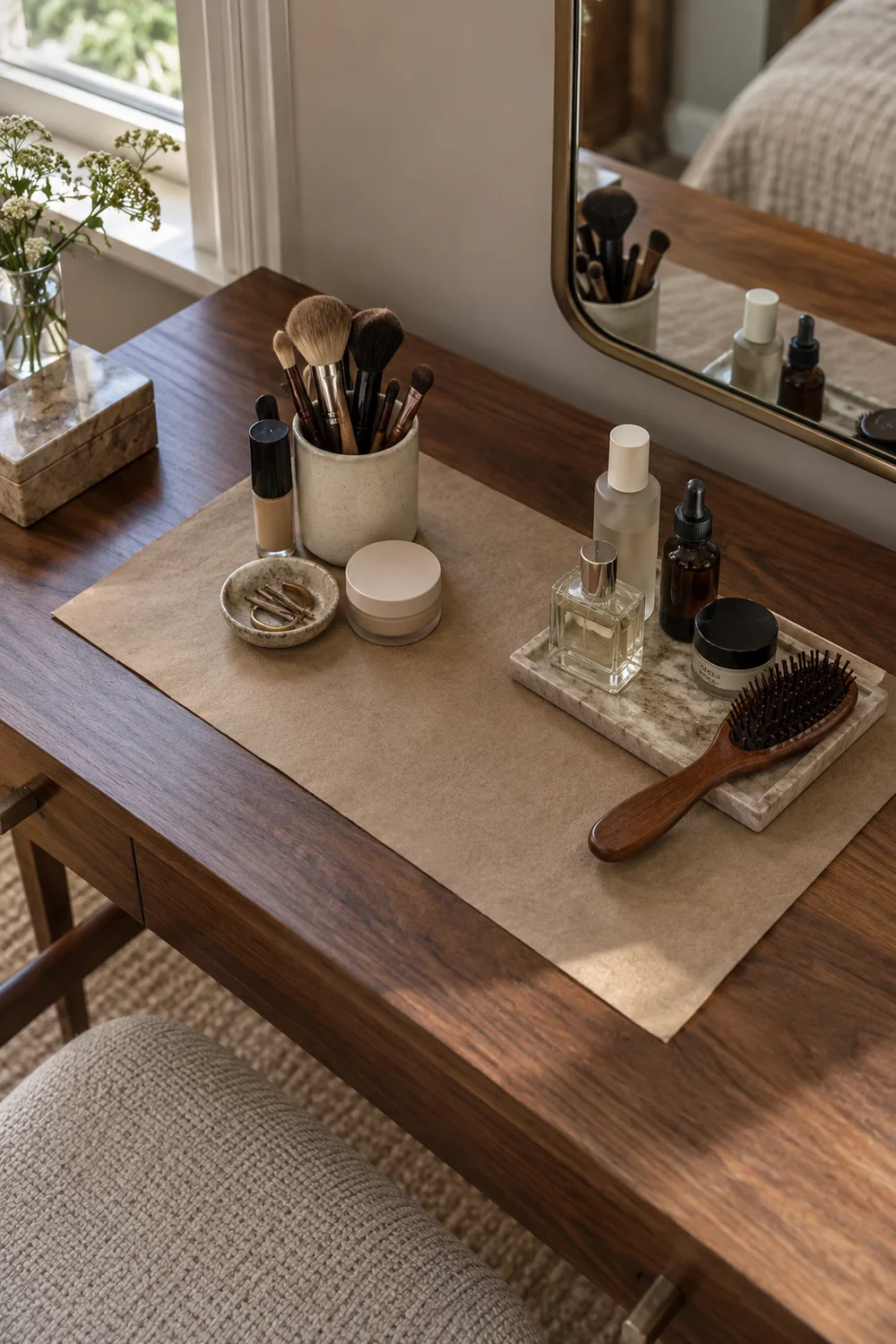 Daily makeup tools sorted by use on proposed dressing surface