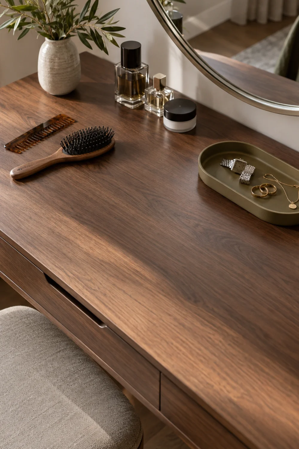 Daily tools fitting across usable walnut dressing table surface