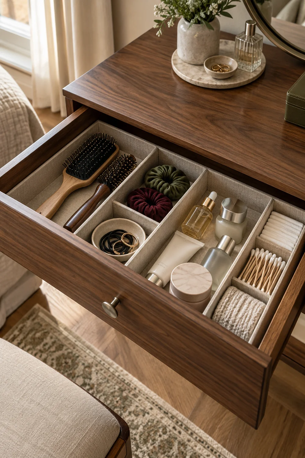 Daily vanity items arranged inside shallow drawer