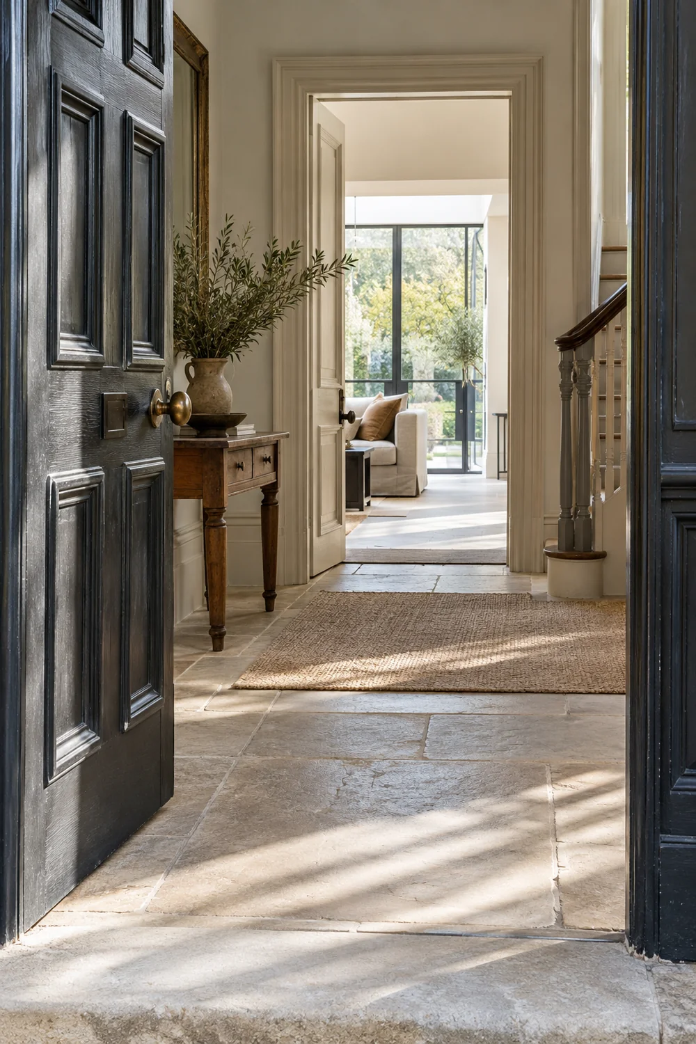 Dark green door opening into a stone floored hallway