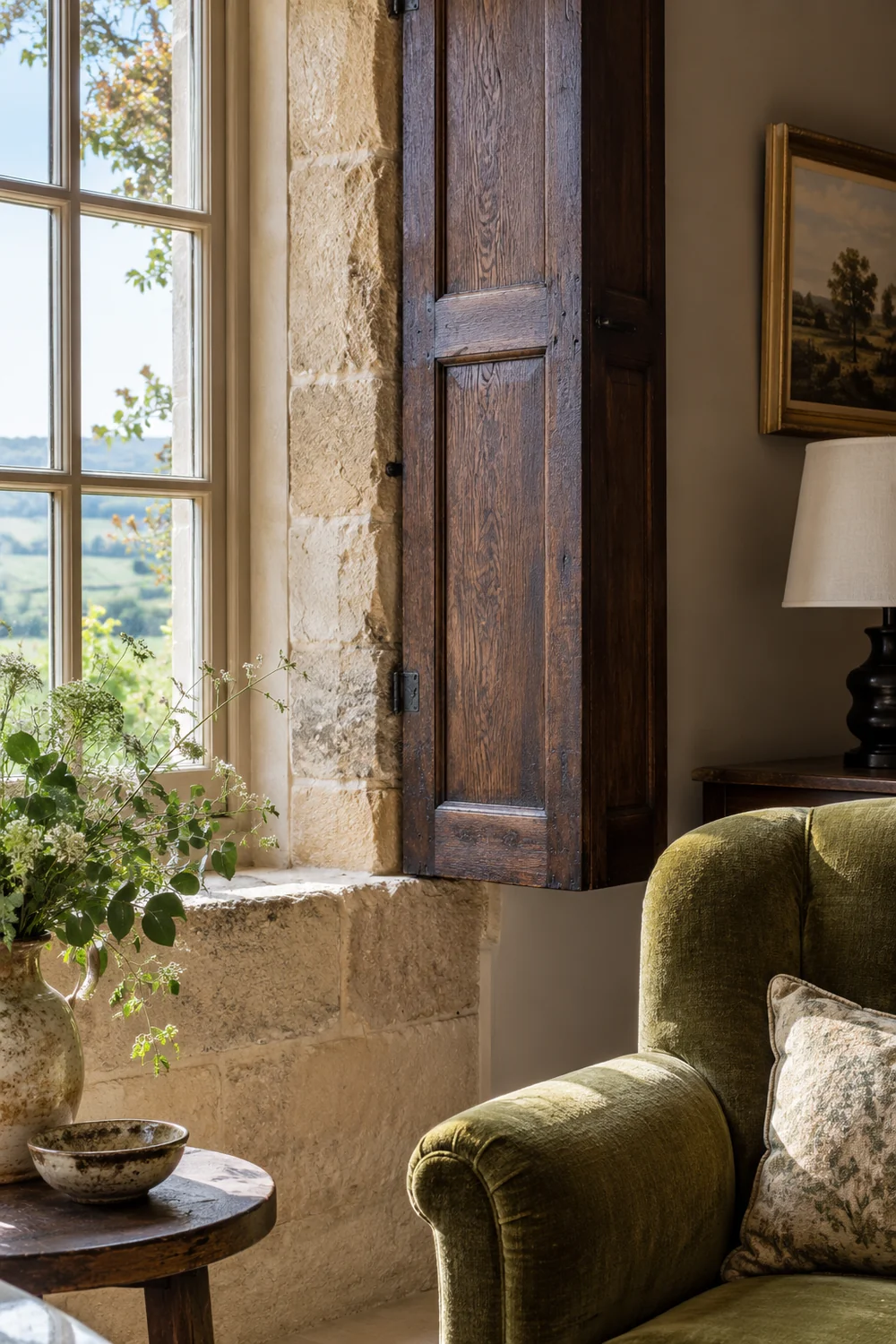 Dark oak shutter beside a limestone window and moss armchair