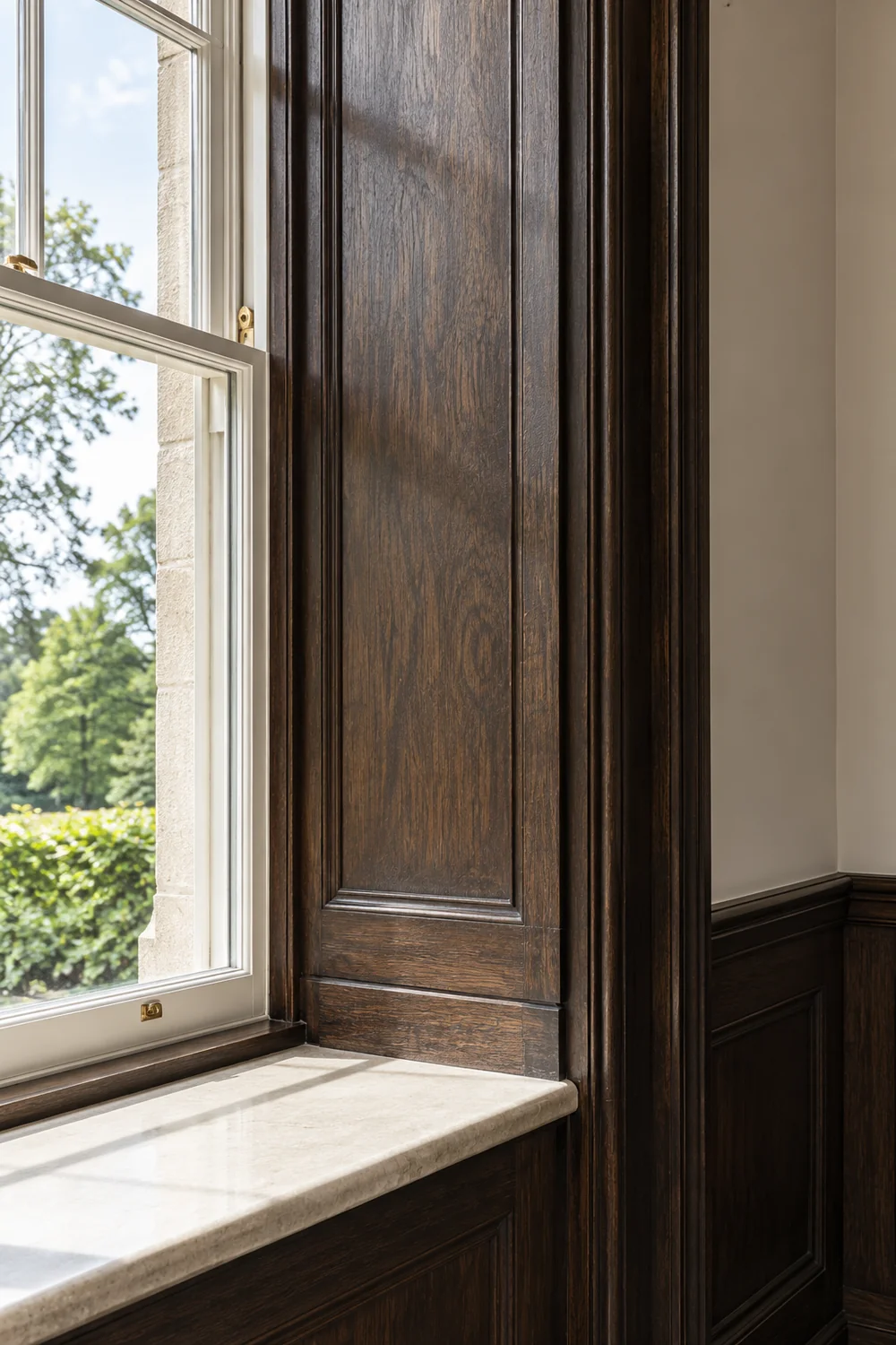 Dark timber shutter beside a sash window and stone sill