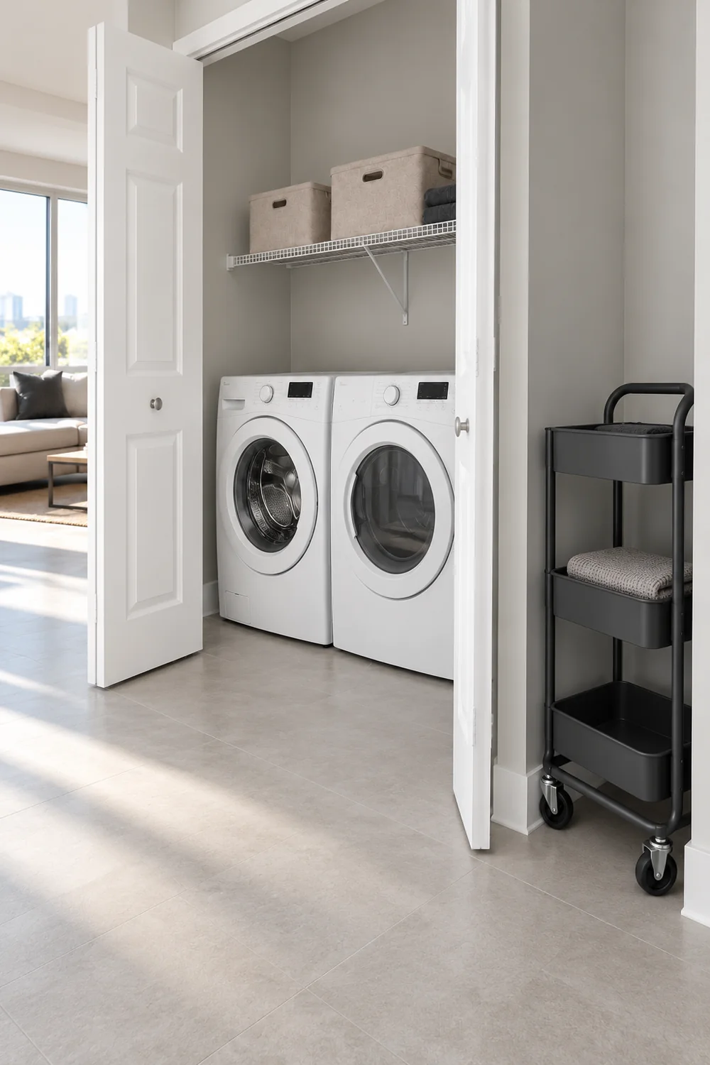 Dark wheeled utility cart with visible handles and clear floor beside the laundry closet