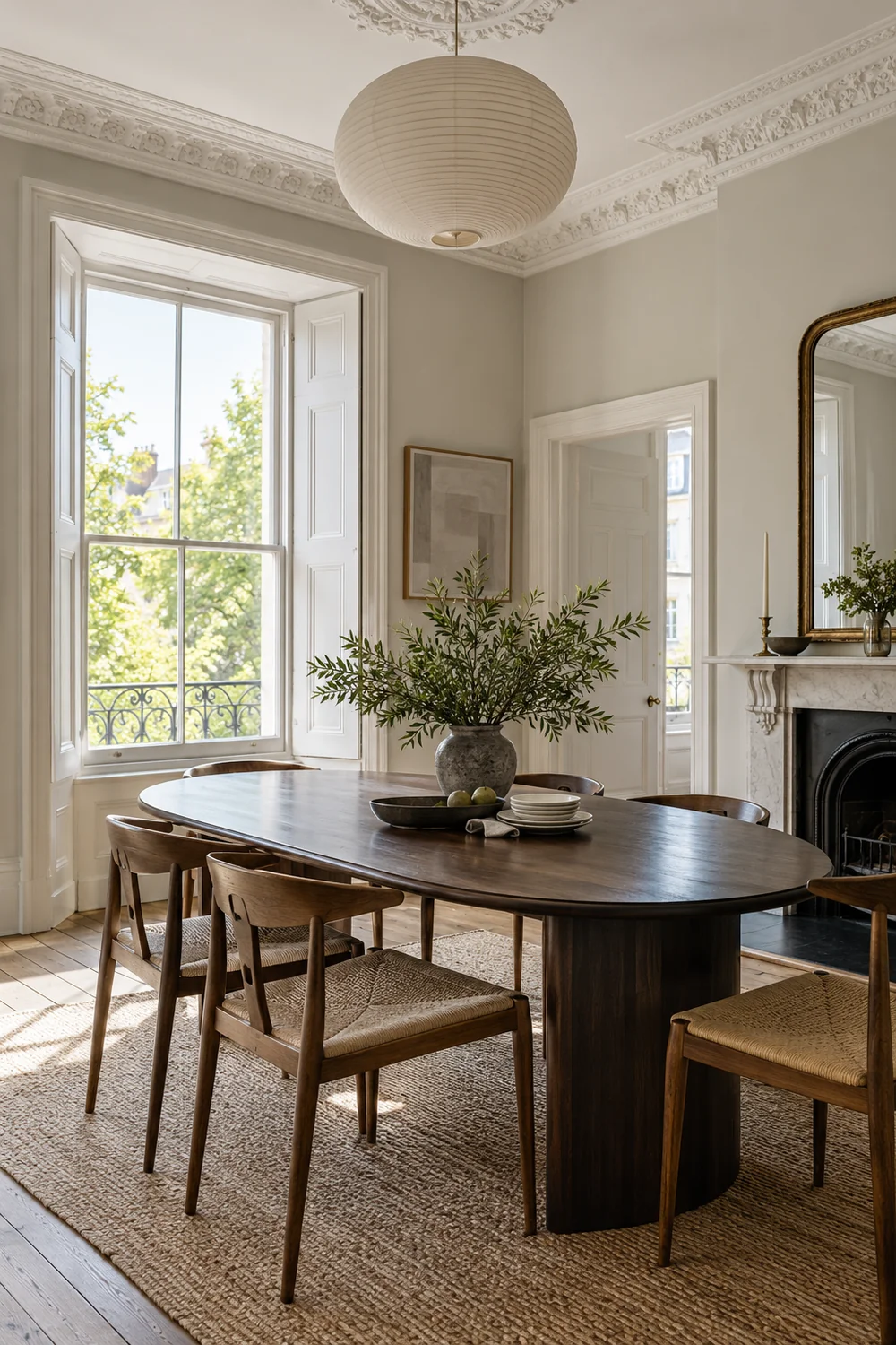 Dark wood dining table beside tall white windows and a fireplace