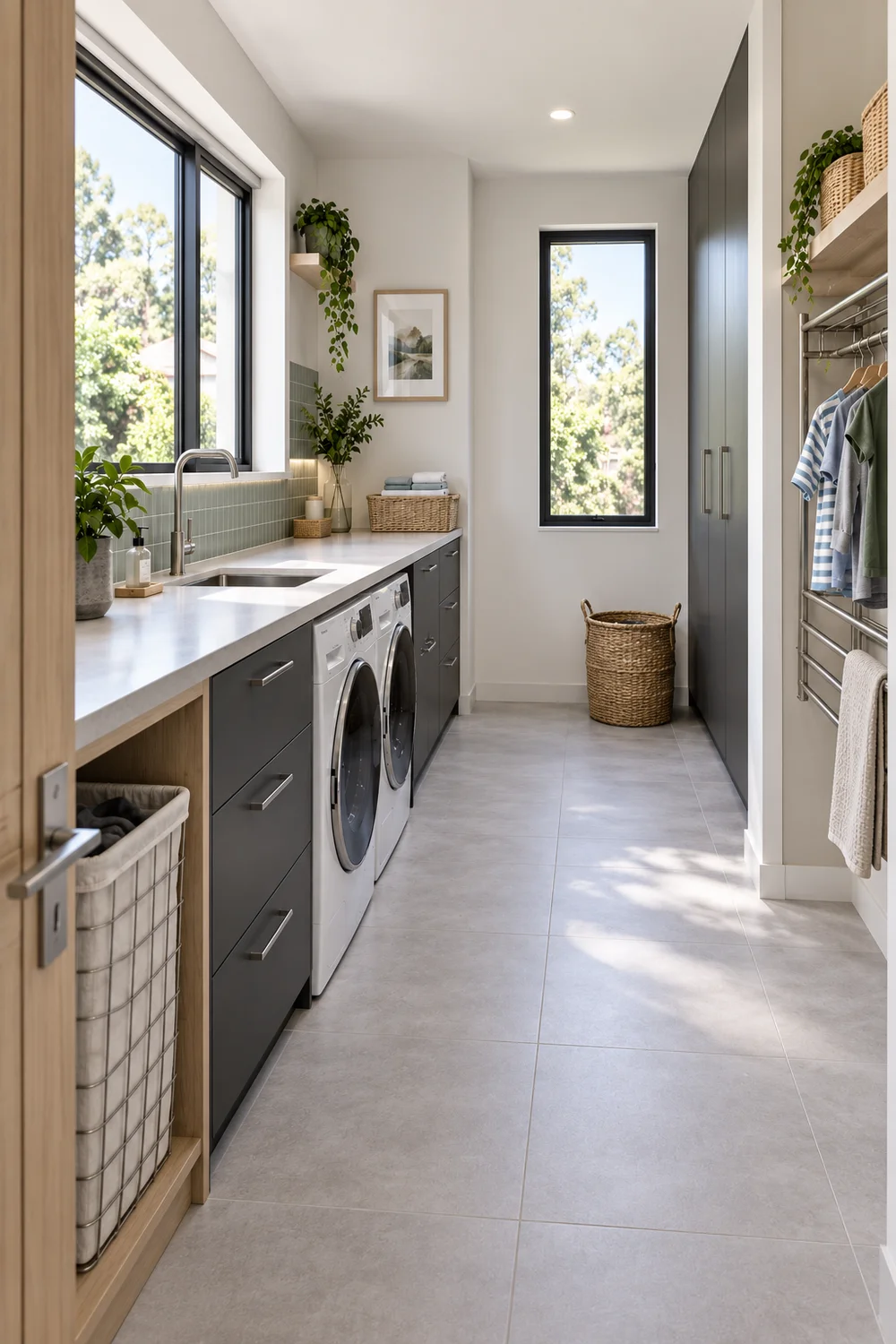 Daylight across a pale folding counter and charcoal utility cabinets