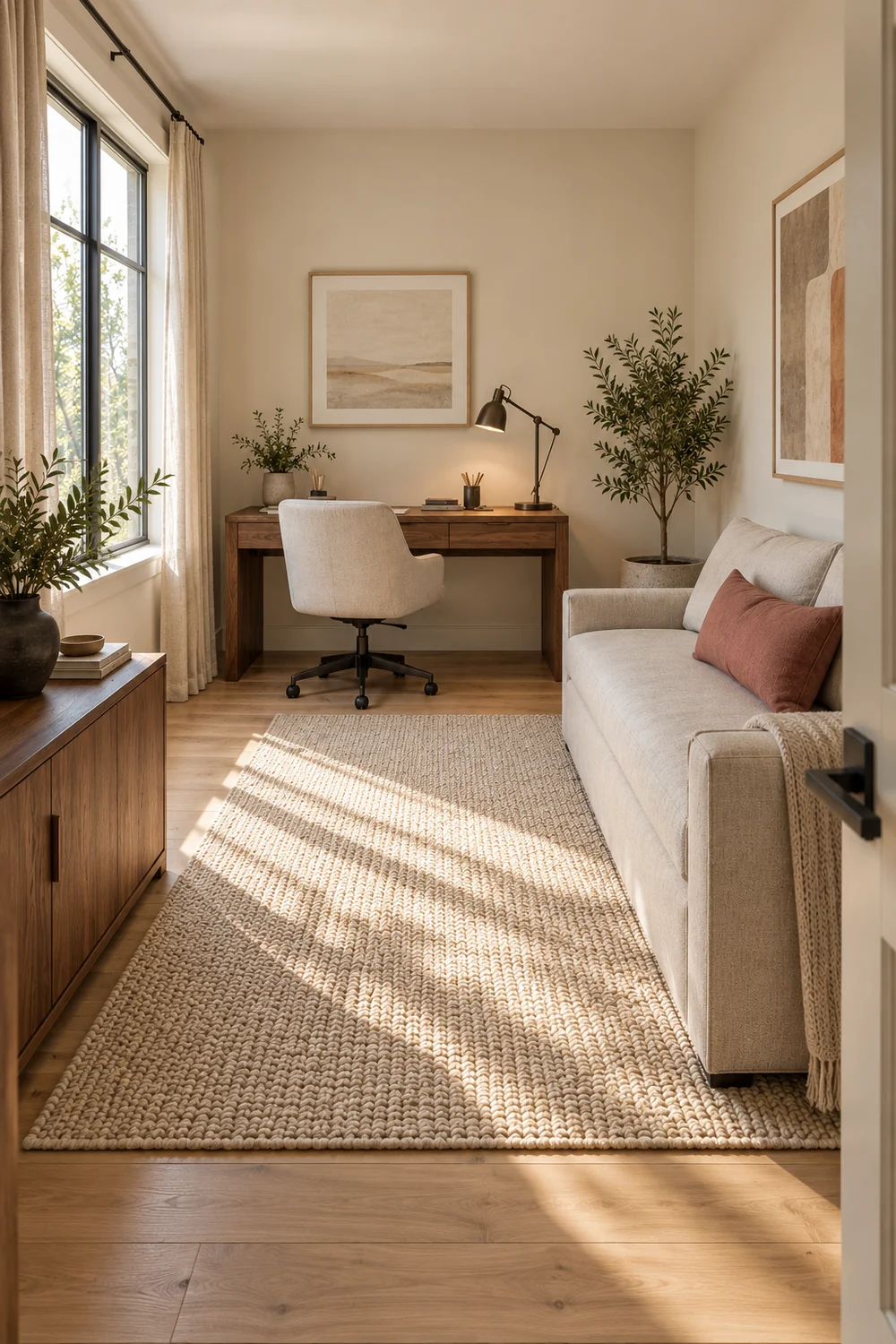 Daylight guest office with walnut desk oatmeal chair and a clay cushion on the sofa