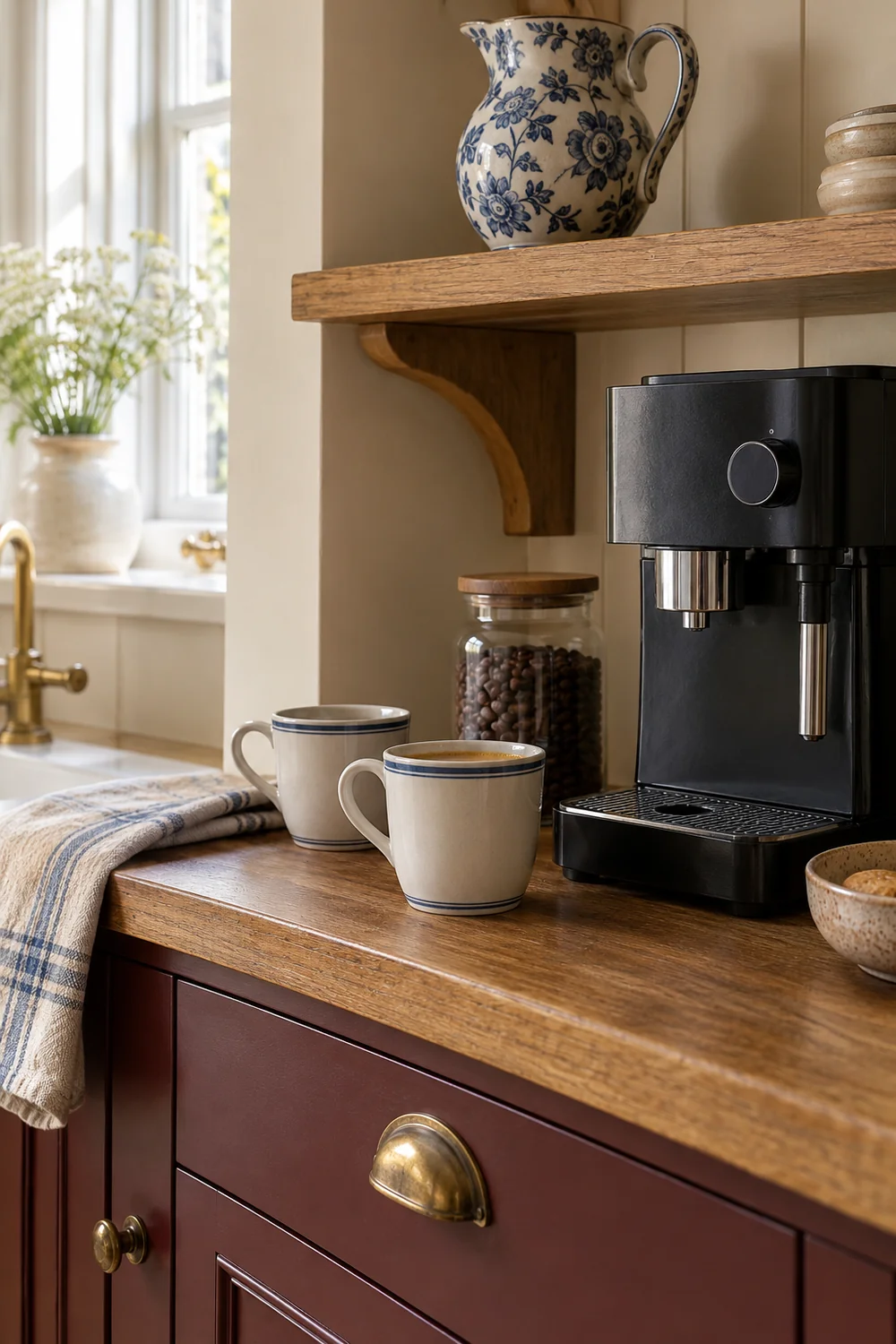 Decorative blue and white jug on an oak shelf above two plain daily coffee cups