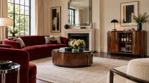 Deep red sofa beside an open walnut drinks cabinet in a bright Art Deco living room
