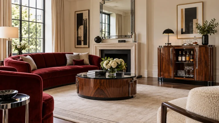 Deep red sofa beside an open walnut drinks cabinet in a bright Art Deco living room