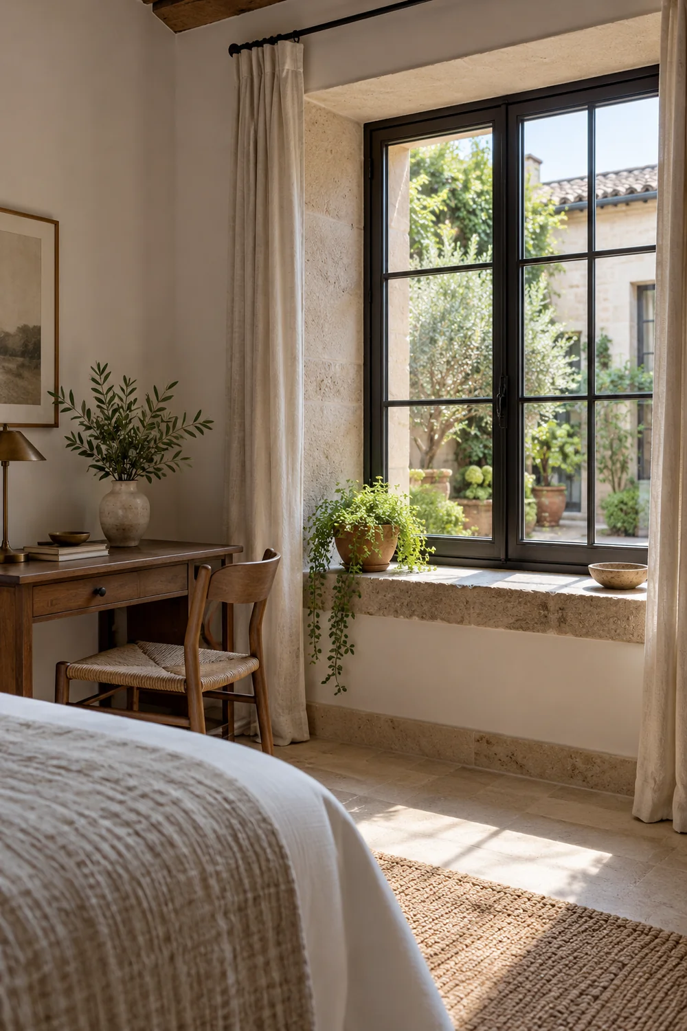Deep stone window sill beside a hotel bedroom desk