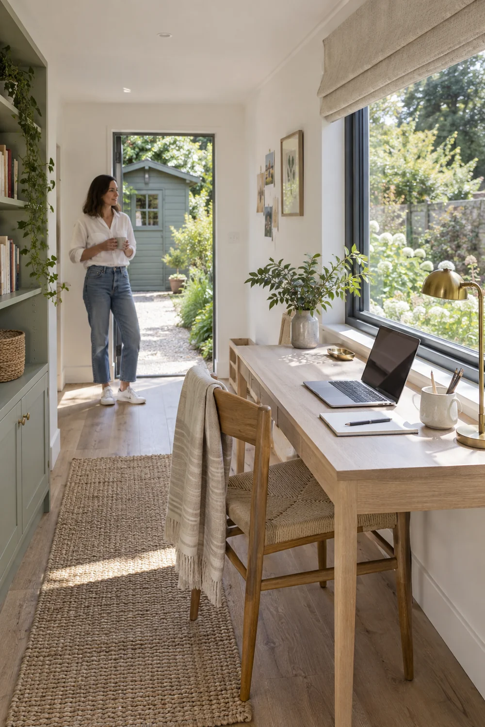 Desk beside a garden window while a woman tests the daylight