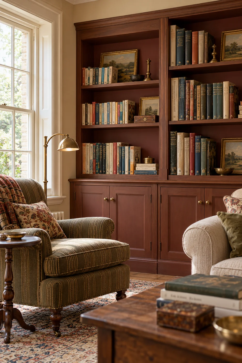 Different shelf opening heights holding paperbacks and taller hardbacks in a walnut bookcase