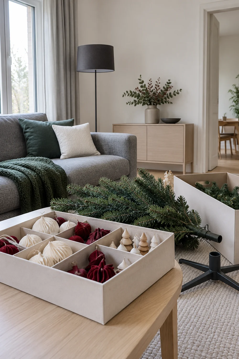 Divided ornament box beside dismantled Christmas tree components