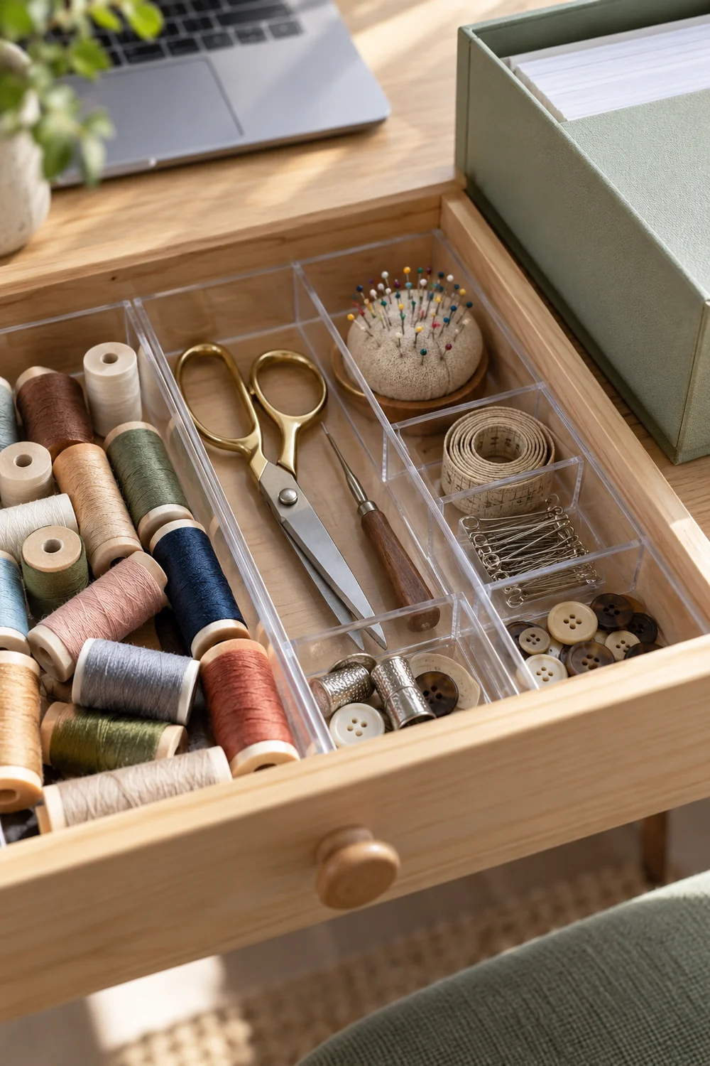 Divided sewing notions drawer beside a separate sage box for office paper