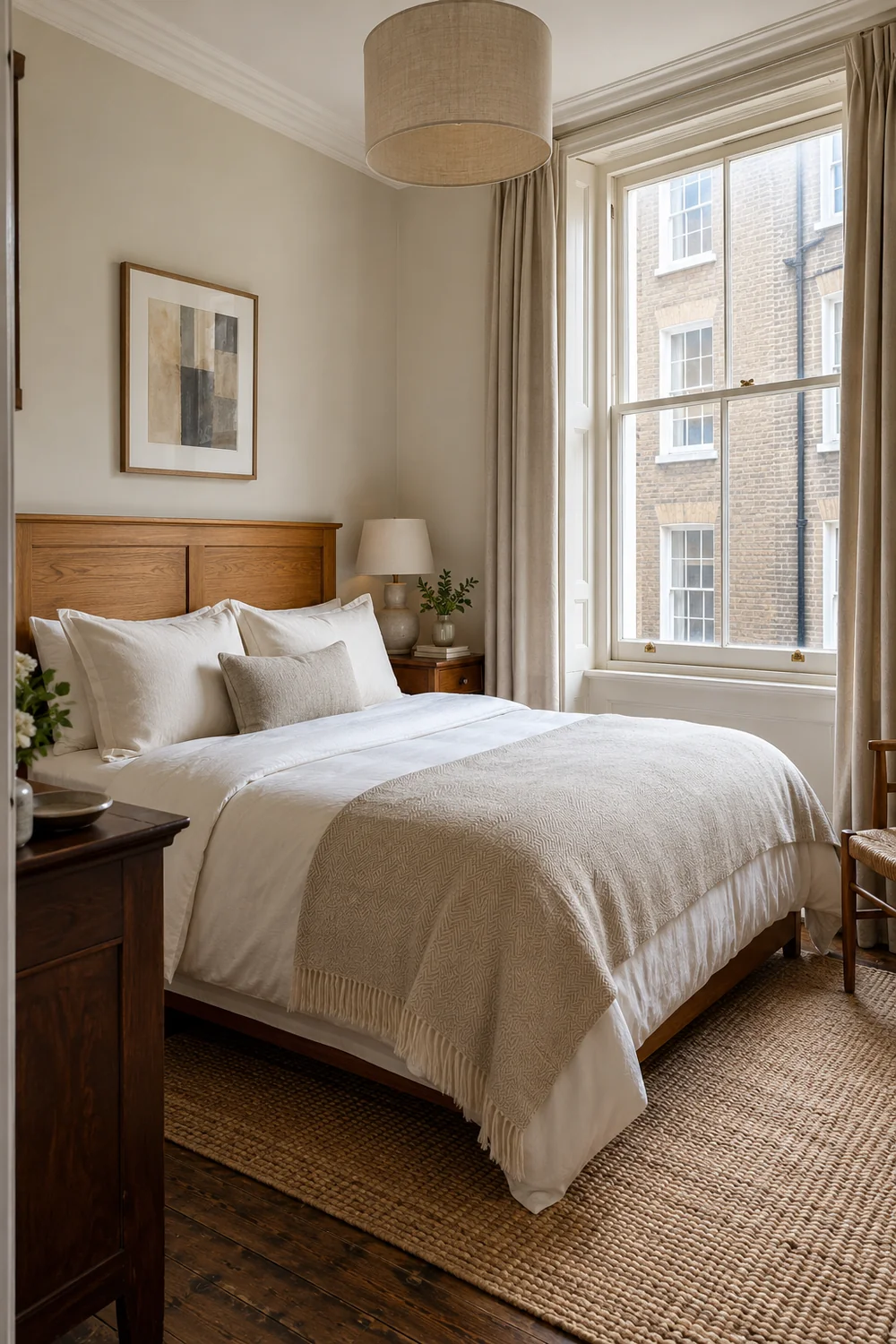 Double bedroom with an oak headboard and a window facing a brick building