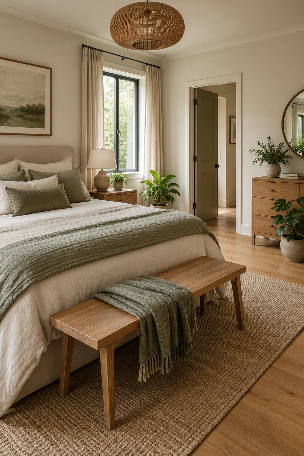 Earthy bedroom after plant care with open doorway and separated green plant displays