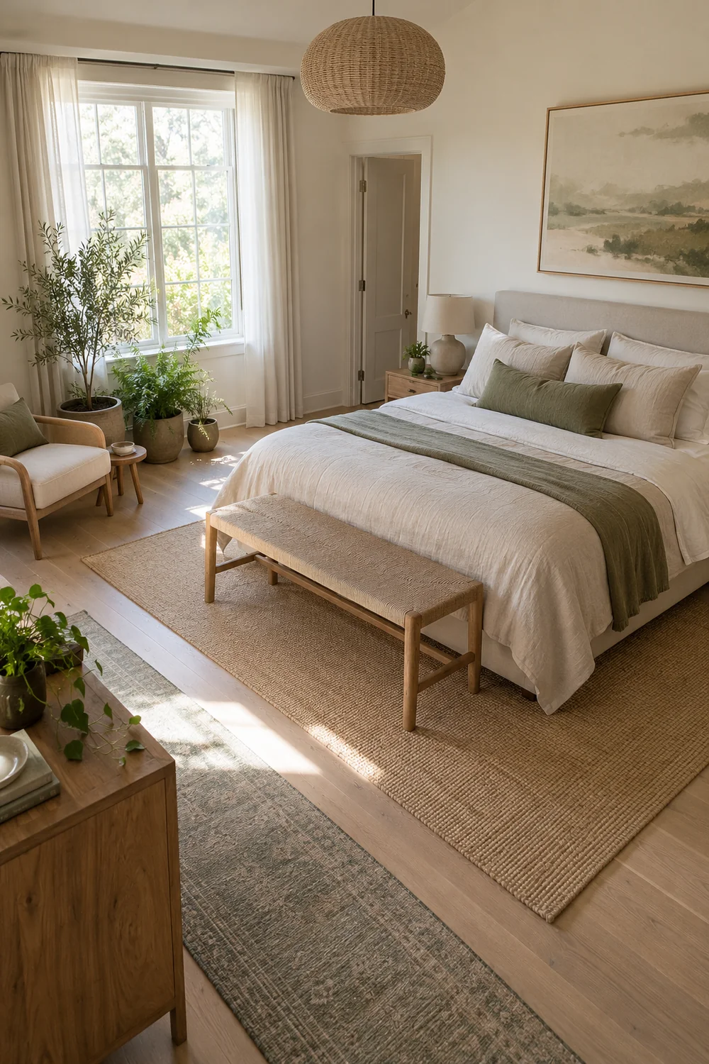 Earthy bedroom with a window plant grouping and a smaller plant on a timber chest