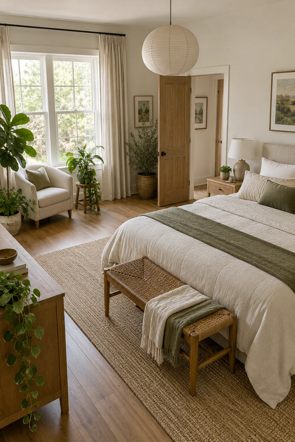 Earthy bedroom with an open doorway usable floor space and separated plant groupings