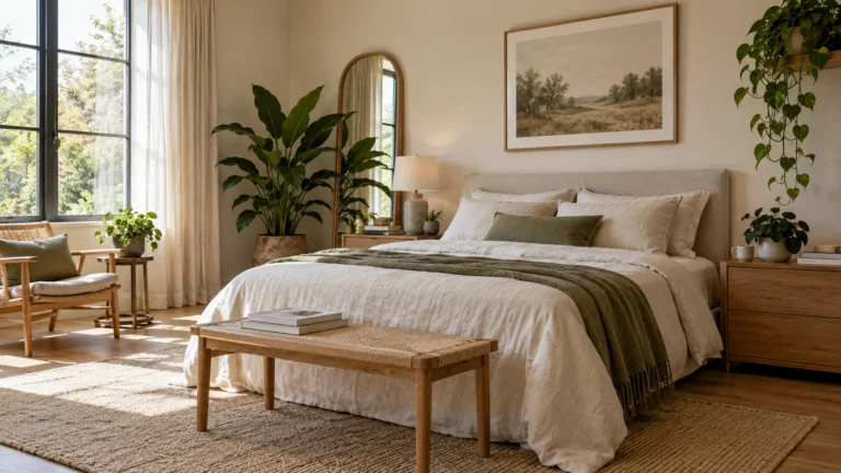 Earthy bedroom with pale bedding a broad leaf floor plant and trailing greenery