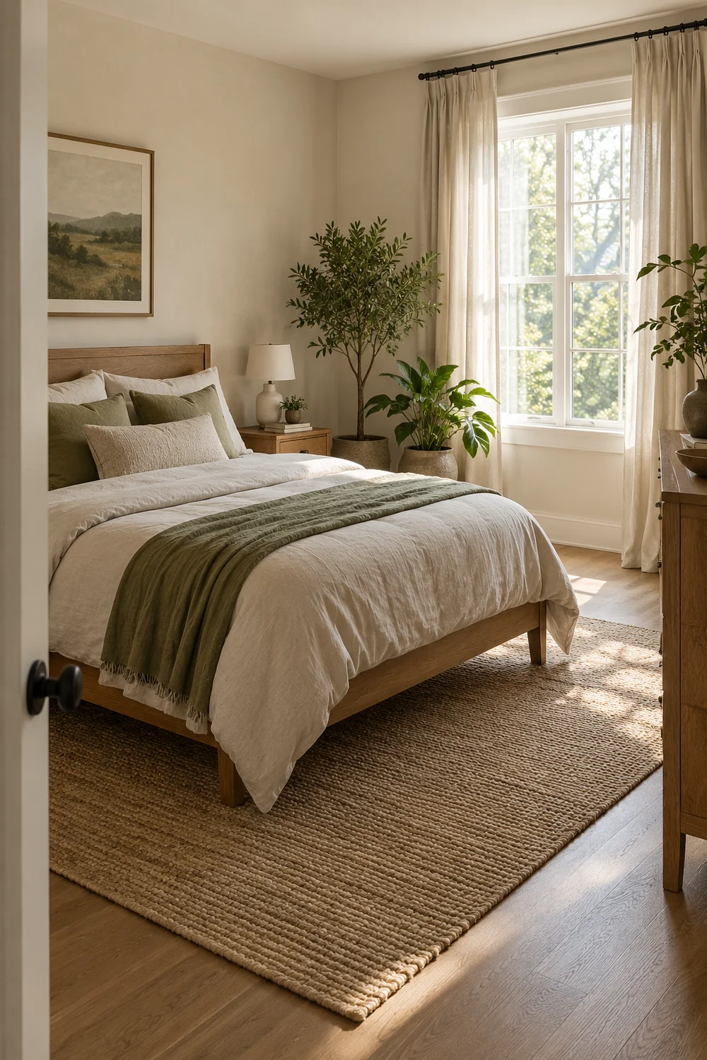 Earthy bedroom with pale linen bedding and floor plants near a bright window