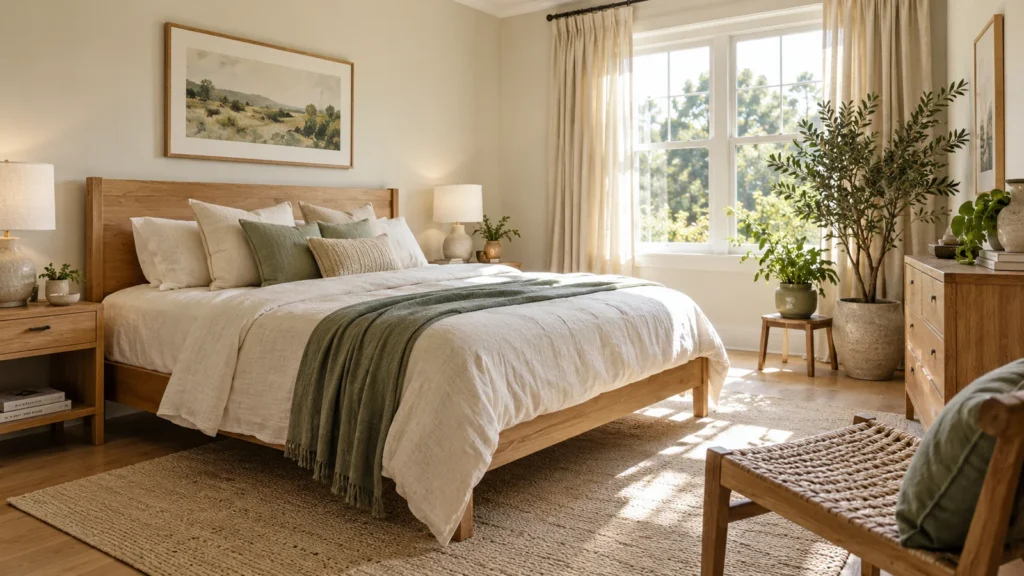Earthy bedroom with timber bed sage linen and plants beside a bright window