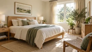 Earthy bedroom with timber bed sage linen and plants beside a bright window