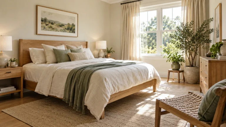 Earthy bedroom with timber bed sage linen and plants beside a bright window