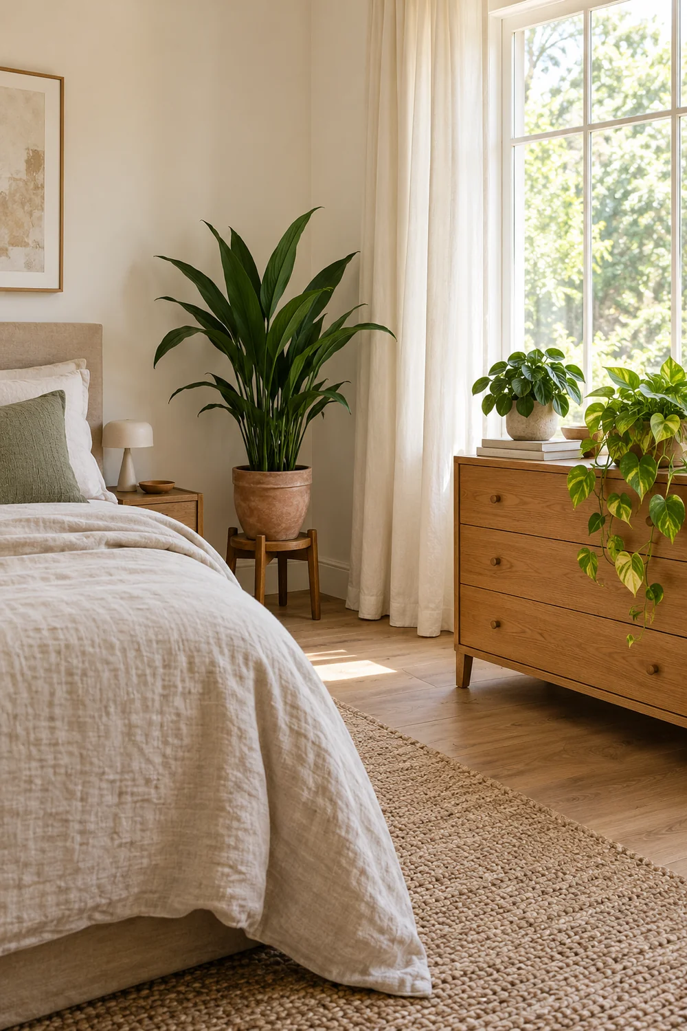Earthy bedroom with upright floor greenery and smaller plants on a reachable timber chest