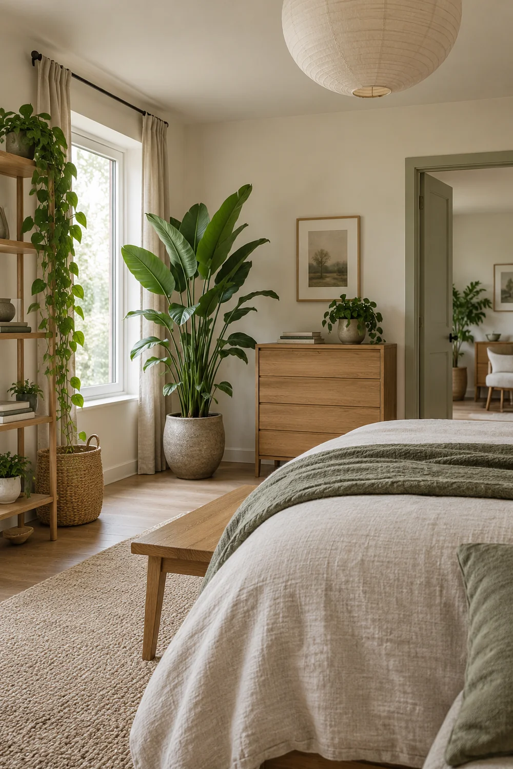 Earthy bedroom with upright floor greenery and trailing plants on a tall timber shelf
