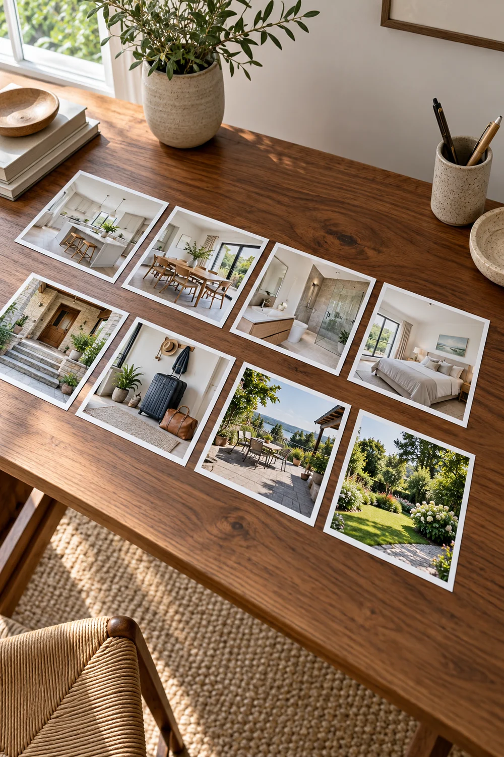 Eight different property photographic prints arranged on a walnut desk