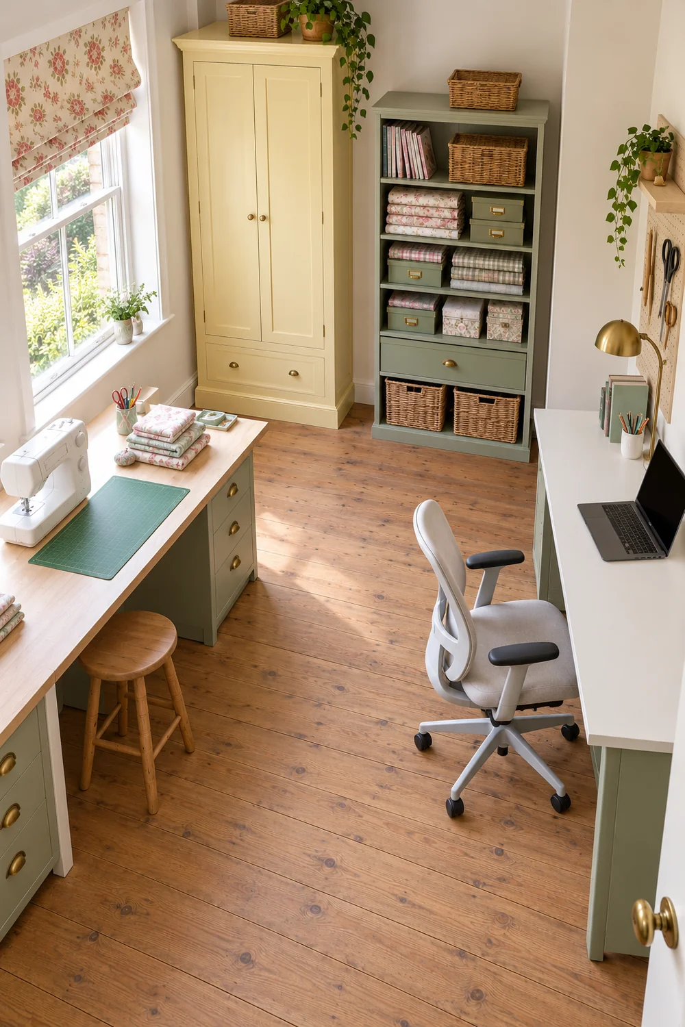 Elevated view of sewing and laptop worktops with clear chair space between them