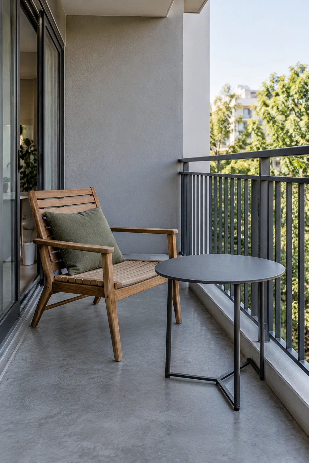Empty graphite table beside a wooden balcony chair and olive cushion