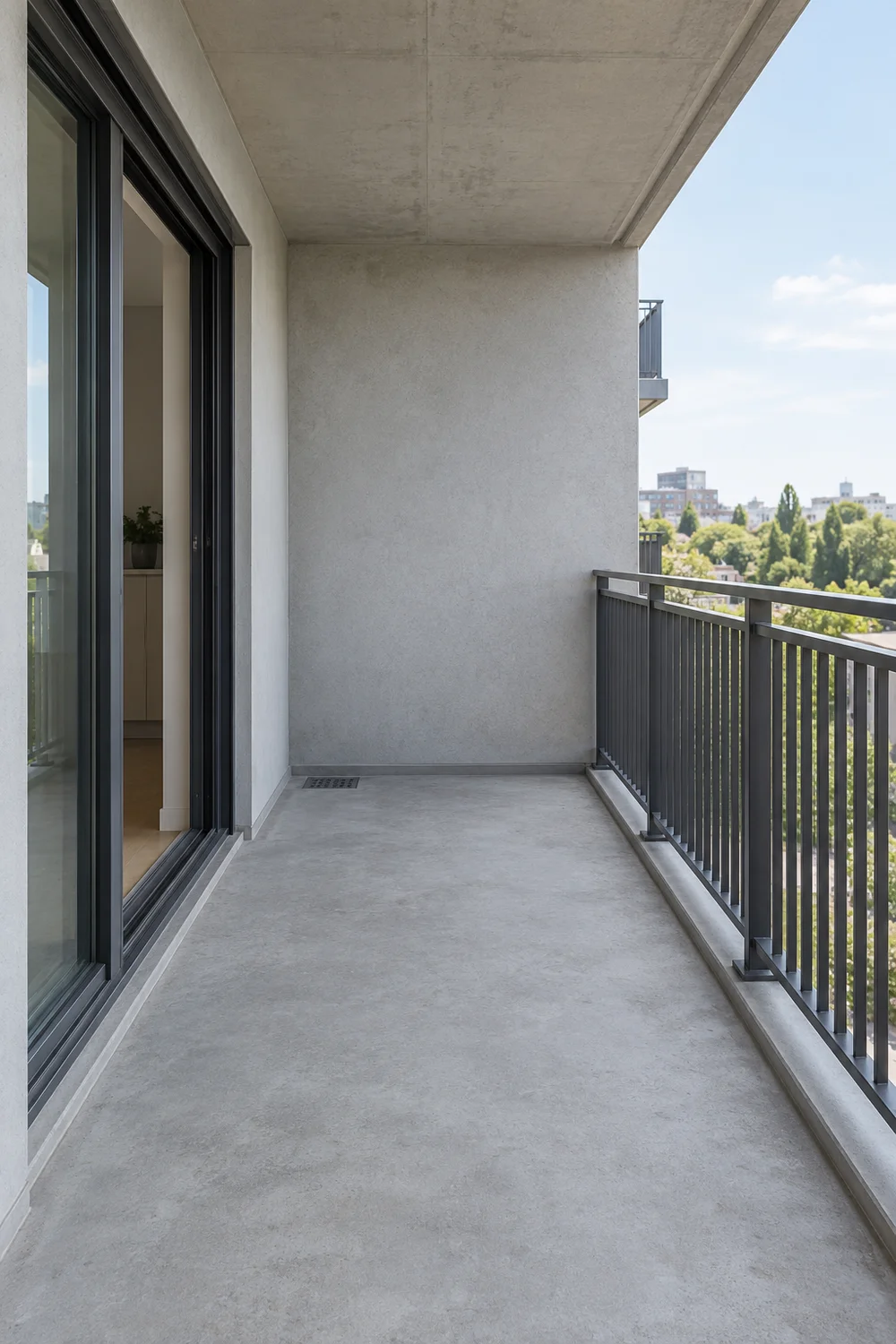 Empty grey balcony with a sliding glass doorway and dark metal railing