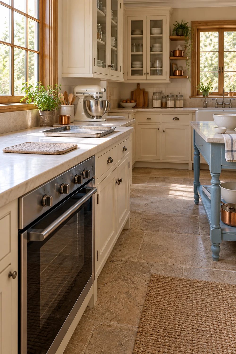 Empty oven landing counter with a tray and protective mat beside a blue table