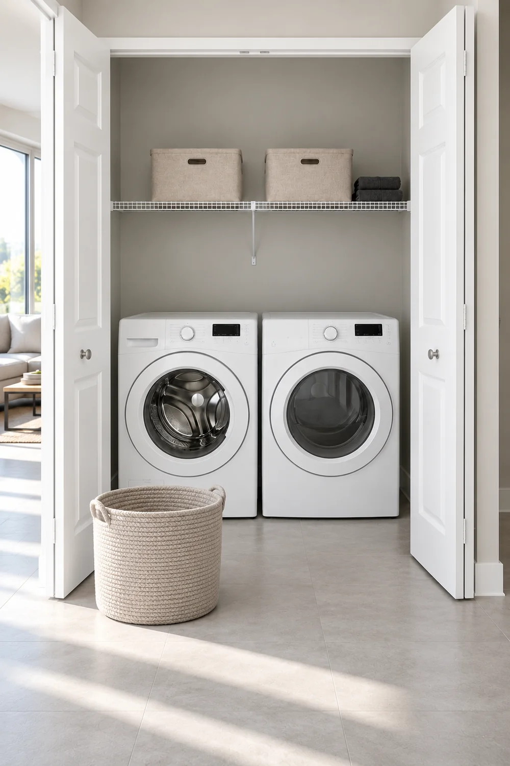 Empty woven basket on the floor before white laundry machines and a retained shelf