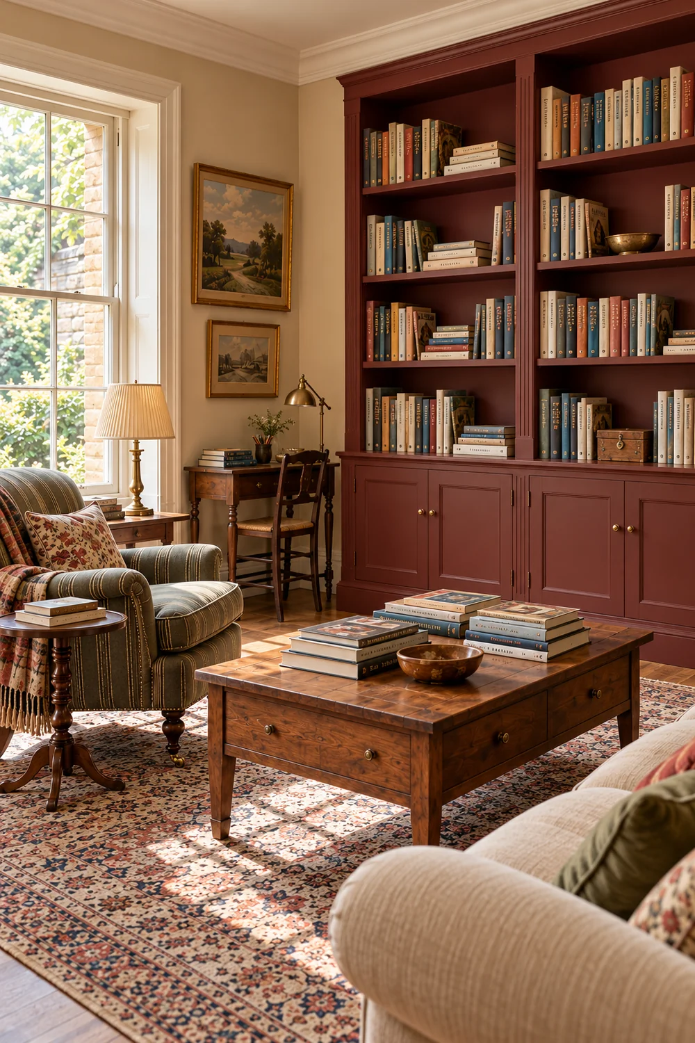 English country bookcase with small objects between book groups and clear reading surfaces