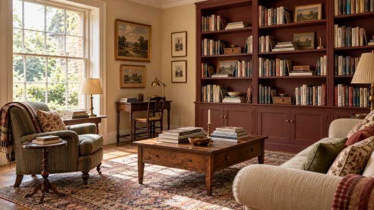 English country living room with mixed books on walnut shelves and a broad coffee table